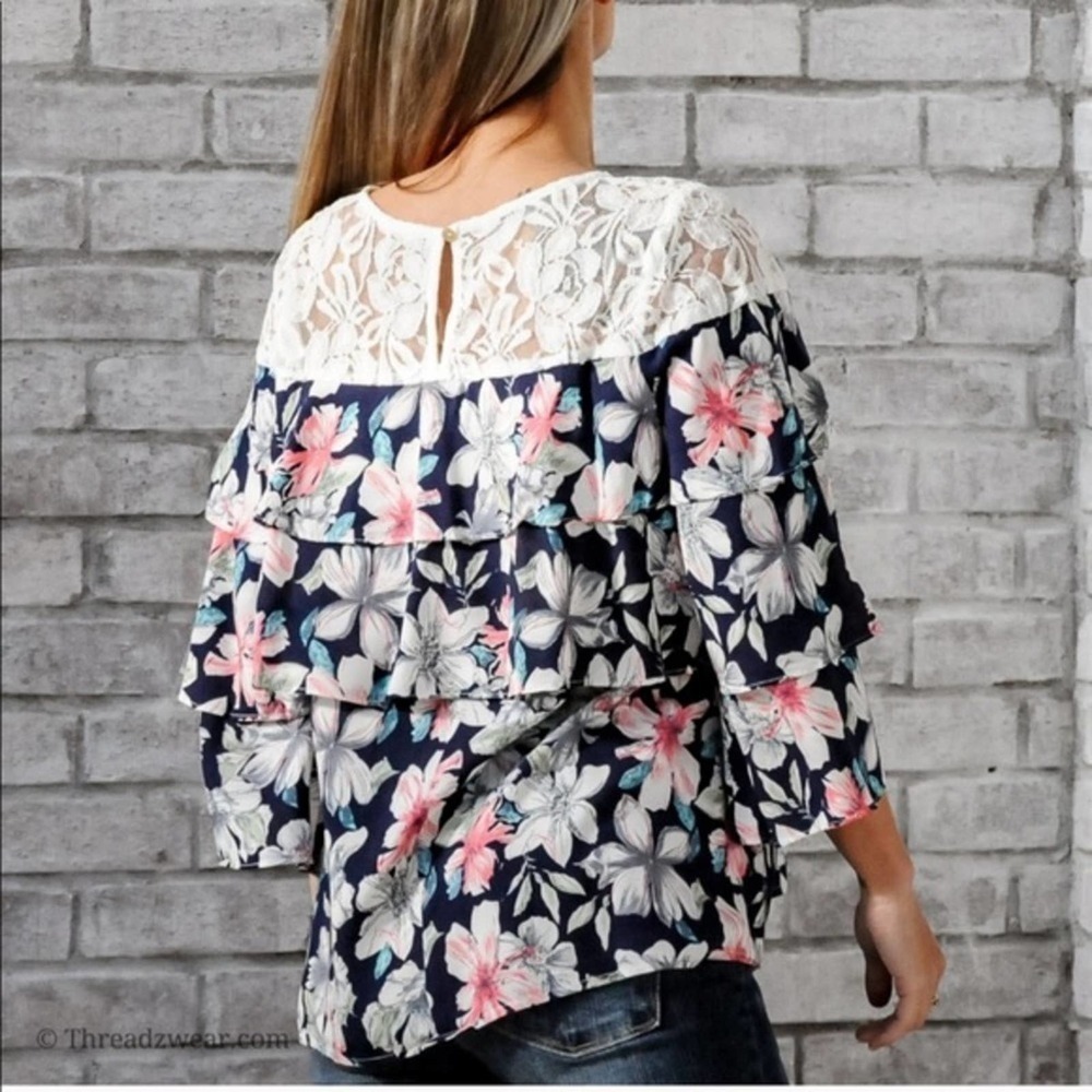 NEW Boho Lace Yoke Floral Tiered Ruffle Top Blouse ( Host Pick ) - Picture 8 of 9